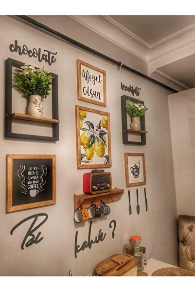 dekorodam Kahve Köşesi Ahşap mutfak Duvar Dekoru Tablo Terek Seti