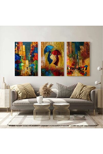 CANVASUM Şemsiyeli Çift Soyut Aşk Love Yağmur Dekoratif Modern Üçlü Kombin 3 ...
