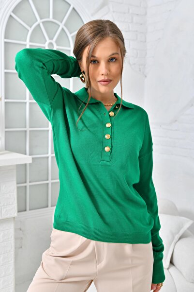 VOLT CLOTHİNG Dámský pletený svetr s detailním košilovým límcem se zlatým knoflíkem