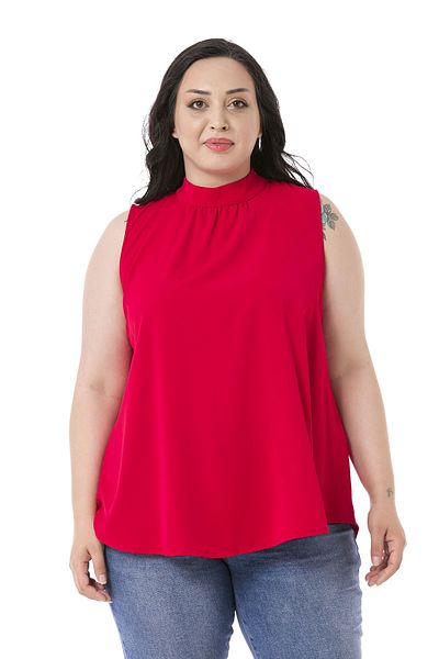 DISENTIS MODEST Plus Size Collar Back Buttoned Stand Collar Flowing Sleeveless Red Blouse