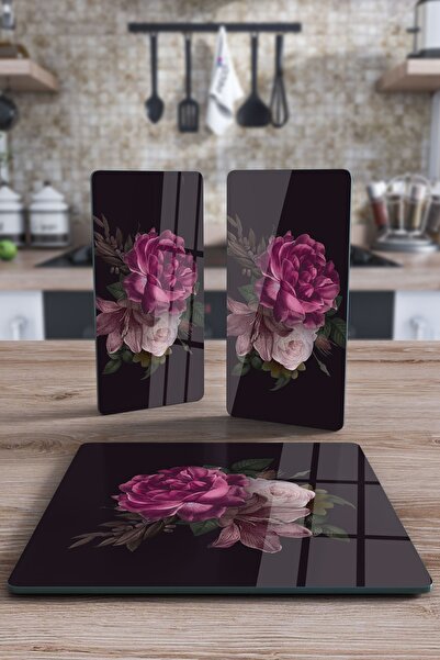 Decovetro Cam Sunum Servis Tabağı 3'lü Kare Set Pembe Gül Deseni