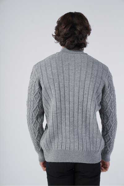 Trist Star Gray Men's Back Ribbed Stand Collar Zippered Knitwear Wool Cardigan Trıst-5299