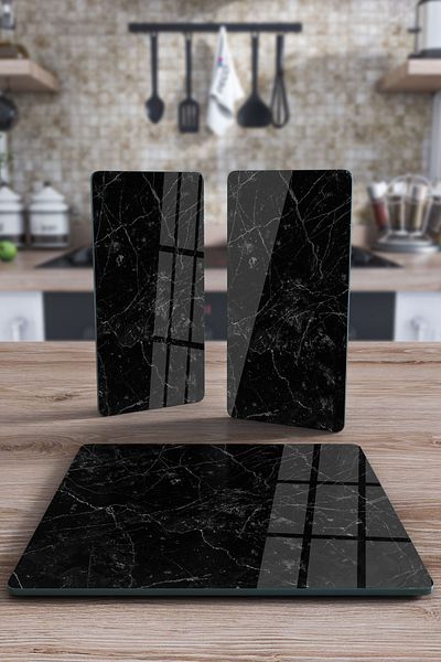 Decovetro Square Set of 3 Black Granite Patterned Glass Presentation Serving Platter
