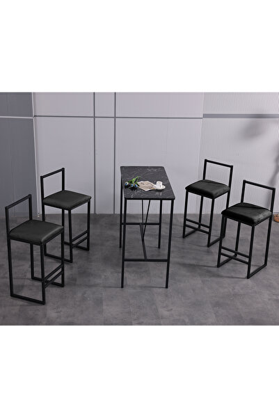 VIANEM 4 Adet Bar Sandalyesi Bar Masası Takımı - Siyah Mermer Desen Masa