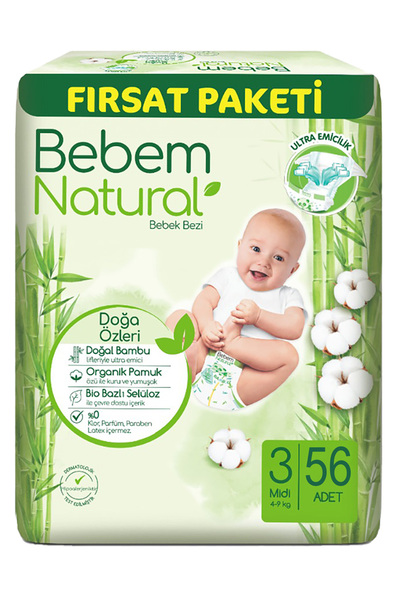 Bebem Natural Bebek Bezi Fırsat Paketi 3 Beden 4-9 kg 56 Adet