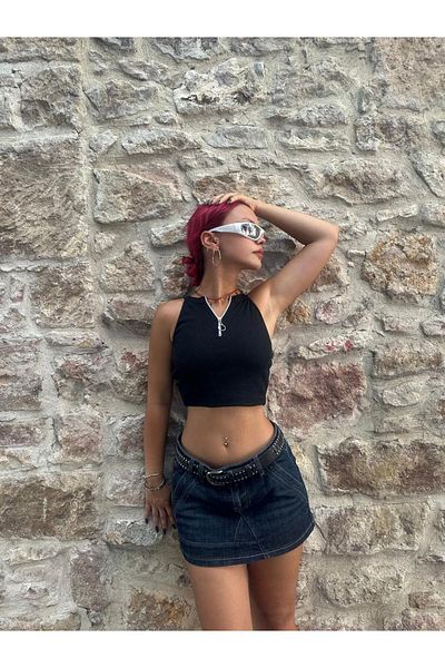 Touz Y2K Λεπτομέρεια με φερμουάρ Μισό φερμουάρ Αμάνικο Μαύρο Crop