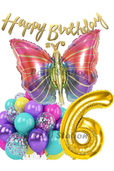 Parti Station Colorful Butterfly 6 Years Old Balloon Set Colorfull Butterfly Rainbow Concept Party Birthday Balloon Set