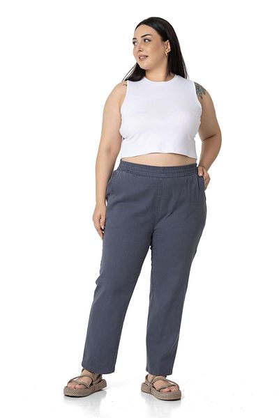 DISENTIS MODEST Plus Size Gabardine Anthracite Trousers with Elastic Waist and Pockets