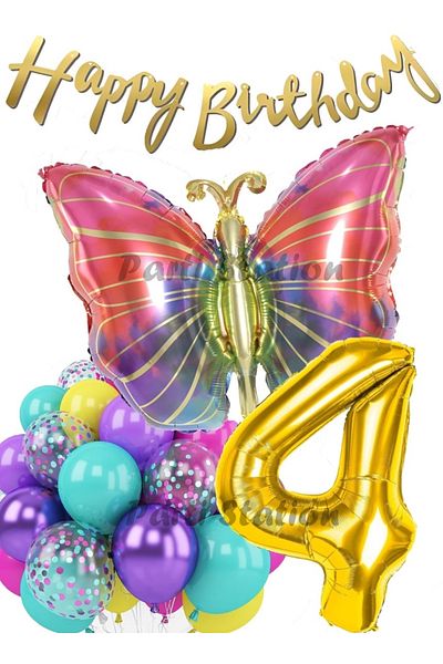 Parti Station Colorful Butterfly 4 Year Old Balloon Set Colorfull Butterfly Rainbow Concept Party Birthday Balloon Set