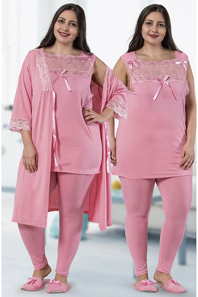 JENİKA Women's Large Size 3-Piece Pajamas Set with Dressing Gowns