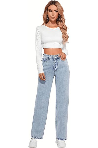 Livik Pantaloni Palazzo casual din jeans cu talie înaltă, de colorare cu spălare la rece, stil harem, din Lycra albastră.