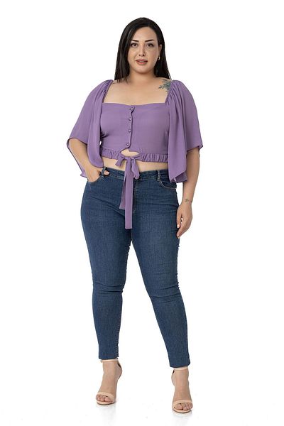 DISENTIS MODEST Plus Size Wide Sleeve Elastic Waist and Gathered Crop Lilac Blouse