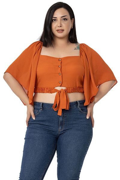 DISENTIS MODEST Plus Size Wide Sleeve Elastic Waist and Gathered Crop Tile Blouse