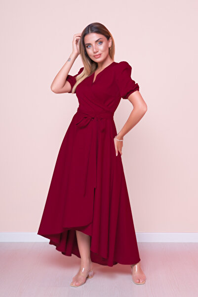 NO48 Bordo Asimetrik Kesim Kruvaze Yaka Kısa Kol Dokuma Dökümlü Kumaş Elbise