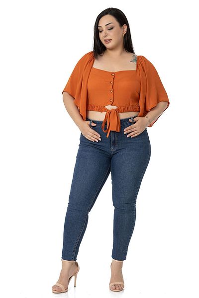 DISENTIS MODEST Plus Size Wide Sleeve Elastic Waist and Gathered Crop Tile Blouse