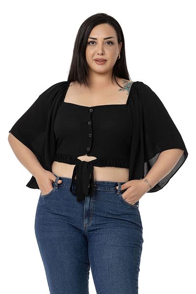 DISENTIS MODEST Plus Size Wide Sleeve Elastic Waist and Gathered Crop Black Blouse
