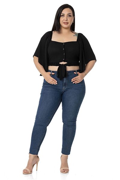 DISENTIS MODEST Plus Size Wide Sleeve Elastic Waist and Gathered Crop Black Blouse