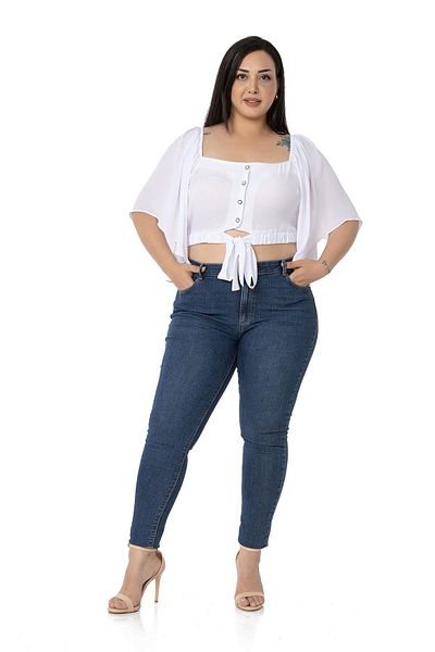 DISENTIS MODEST Plus Size Wide Sleeve Elastic Waist and Gathered Crop White Blouse