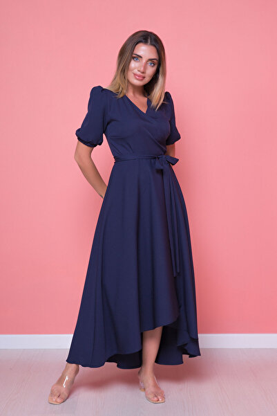 NO48 Námořnicky modré šaty asymetrického střihu s dvojitým límcem a krátkým rukávem z tkané látky s řasením