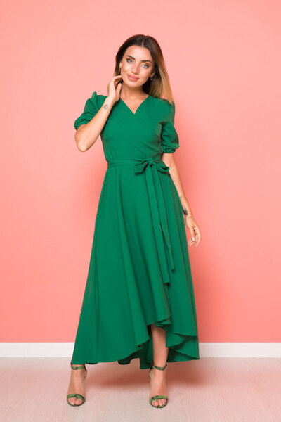 NO48 Πράσινο ασύμμετρο φόρεμα με διπλό στήθος με κοντό μανίκι υφαντό ύφασμα