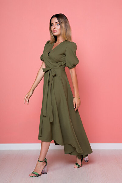 NO48 Haki Asimetrik Kesim Kruvaze Yaka Kısa Kol Dokuma Dökümlü Kumaş Elbise