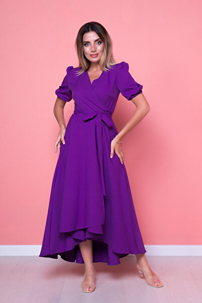 NO48 Μωβ ασύμμετρο φόρεμα με διπλό στήθος με κοντό μανίκι υφαντό ύφασμα