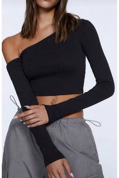 cropgezegeni One Off Shoulder Crop Bustier Double Sleeve