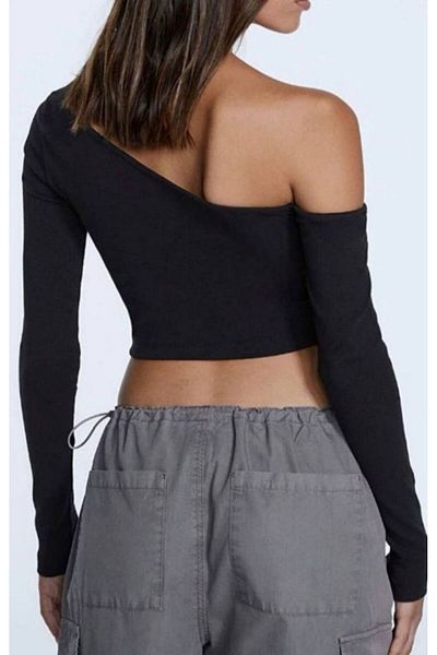 cropgezegeni One Off Shoulder Crop Bustier Double Sleeve