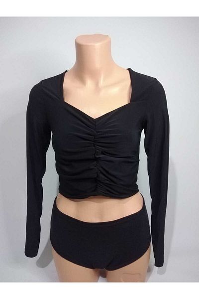 TİLLE Crop din țesătură parașută, cu mânecă lungă, cu mânecă lungă, neagră, în față