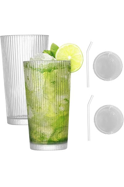 Trouvaille 600 Ml Mika Origami Style Glass Cup with Straw with Lid Origami Style Cold Coffee Soft Drink Glass