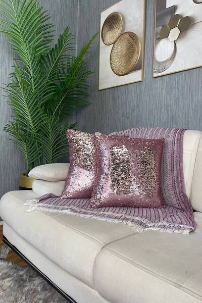 Paris Life Pullu Payetli Çift Yönlü Kare Kırlent Kılıfı - Pudra-Gold