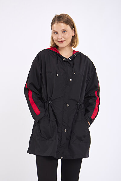 Moda Tuğram Micro Midi Black Sleeves Red Raincoat & Windbreaker