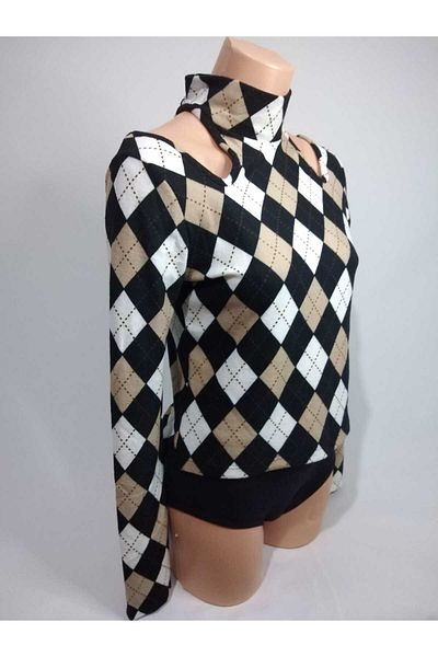 TİLLE Femei, negru, nurcă, model diamant, decolteu cu guler înalt, cu mânecă lungă, subțire, crop din pânză