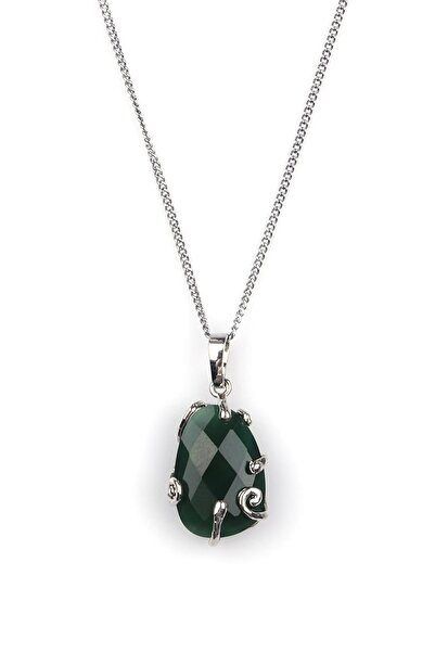 Alibaba Doğaltaş Green Agate Natural Stone Silver Color Necklace