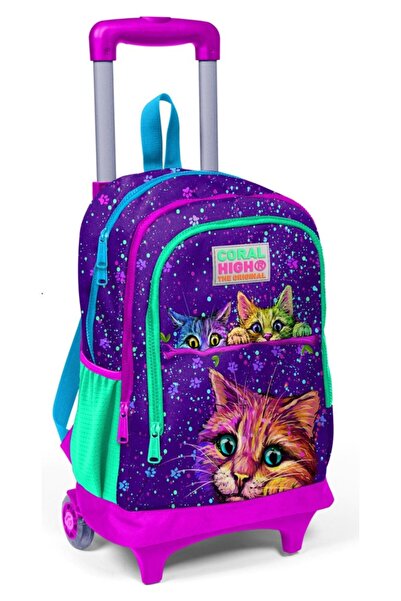 Coral High Işıklı Tekerlekli Sevimli Kediler Çekçek Okul Ve Seyahat Çantası Kız Çocuk Mor