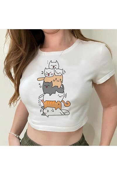 Jose Clothing BLUZĂ CROP TOP CU MÂNECĂ SCURTĂ, ALBĂ, IMPRIMATĂ PENTRU FEMEI