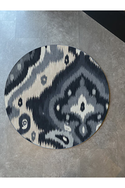 Rugs Modern Halı Ikat Pattern Navy Blue Woven Base Round Carpet Mira 1437