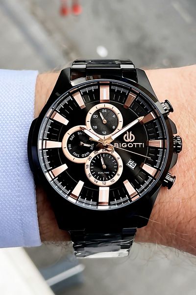 Bigotti Original Complete Steel Men's Wristwatch 5 ATM Waterproof Black Color + Bracelet BME2010C5