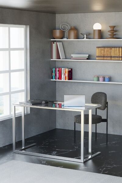 Evka Tekli Desk Çalışma Masası Parlak Paslanmaz Ayak Şeffaf Cam