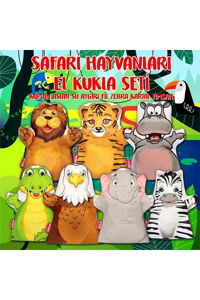 Tox 7 Piece Safari Animals Hand Puppet Set T167, Educational Toy