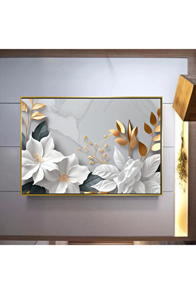 Markazip Beyaz Gold Çiçekler Altın Metal Çerçeveli 70x120cm Kanvas Tablo Ctn77-k