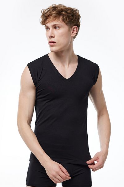 Malabadi Men's Black 2-Pack V-Neck Cotton Elastane Sleeveless Undershirt 091