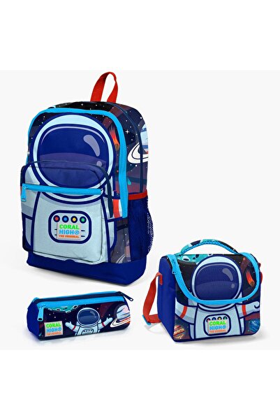 OKFİS Coral High Kids Saks Mavi Astronot Desenli 3’lü Okul Çanta Seti