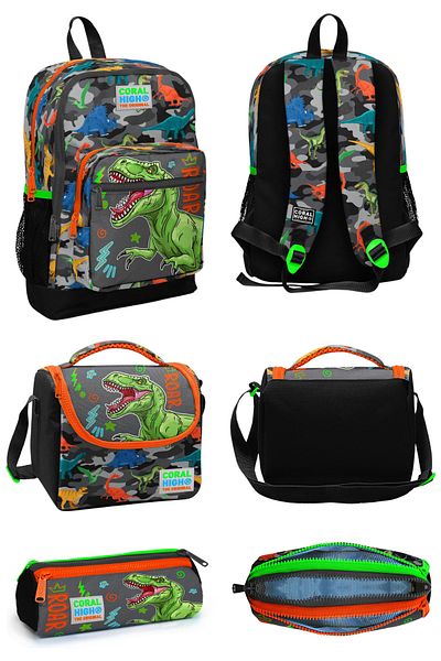 Coral High DinoSaur Patterned Black Gray School Backpack - Set of 3 Lunch and Pencil Bag