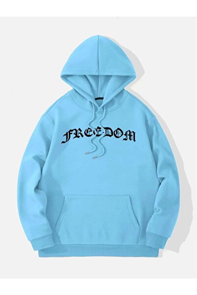 MYDARKSTYLE سويت شيرت بقلنسوة كبير الحجم مطبوع عليه Freedom باللون الأزرق للج...