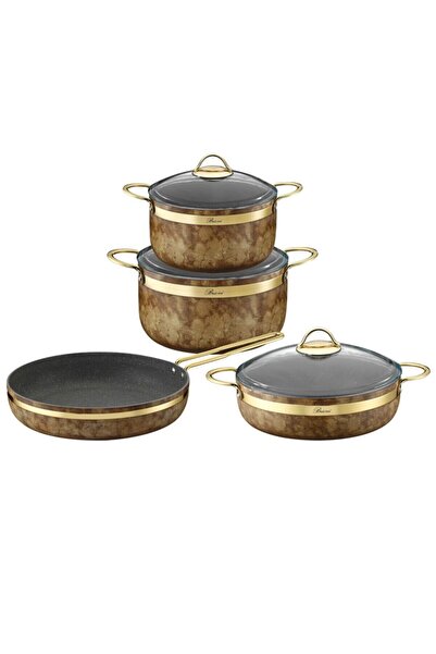 Brioni Royal Stone 7 Parça Yanmaz Yapışmaz Taş Dokulu Granit Tencere Seti Kap...