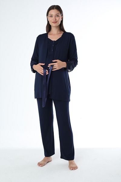 Miss Dünya Lissa Navy Blue Maternity Long Sleeve Maternity Pajamas Set with Dressing Gown