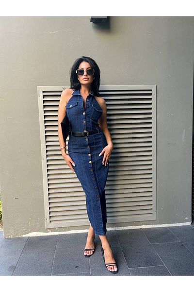 modakyra Rochie de damă din denim cu guler decoltat la spate