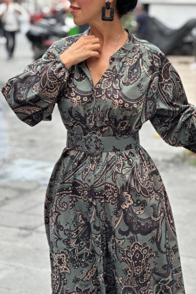 lovebox Digital Printed Suede Fabric Belt Detailed Buttoned Long Sleeve Oversize Form Evening Dress 6003