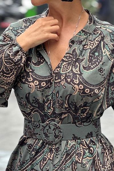 lovebox Digital Printed Suede Fabric Belt Detailed Buttoned Long Sleeve Oversize Form Evening Dress 6003